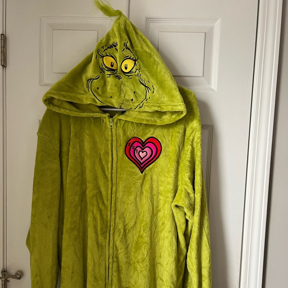Green Grinch Hooded Onesie with Heart Patch